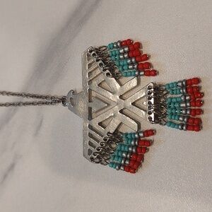 Firebird Native American silver necklace with Blue, Silver, Red Beading